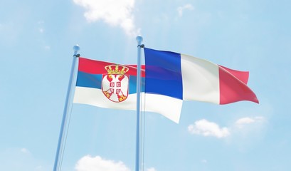 France and Serbia, two flags waving against blue sky. 3d image
