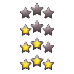 Cool cartoon game XP rating icons, level complete vector templates, GUI elements. Stars in stone frame rank isolated on white background, assets for game design.
