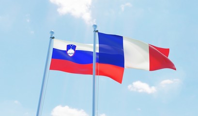 France and Slovenia, two flags waving against blue sky. 3d image