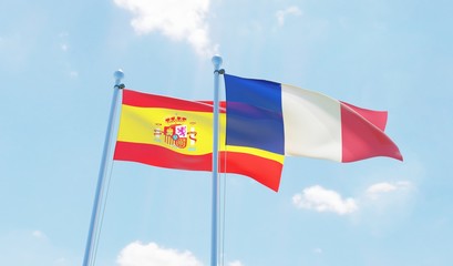 France and Spain, two flags waving against blue sky. 3d image