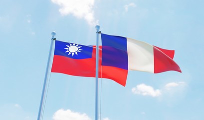 France and Taiwan, two flags waving against blue sky. 3d image