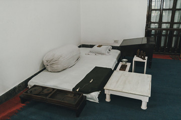 bed-mattress in the room hermit ascetic. Poor living conditions. poverty