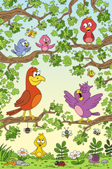Funny birds in tree. Hand draw vector illustration with separate layers.