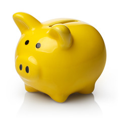 Yellow piggy bank, isolated on white background