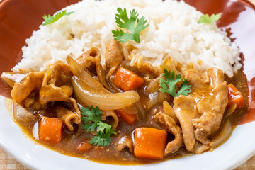 Japanese curry rice with sliced pork, carrot and onions