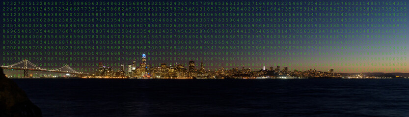 Big data concept with computer green numbers over skyline of San Francisco