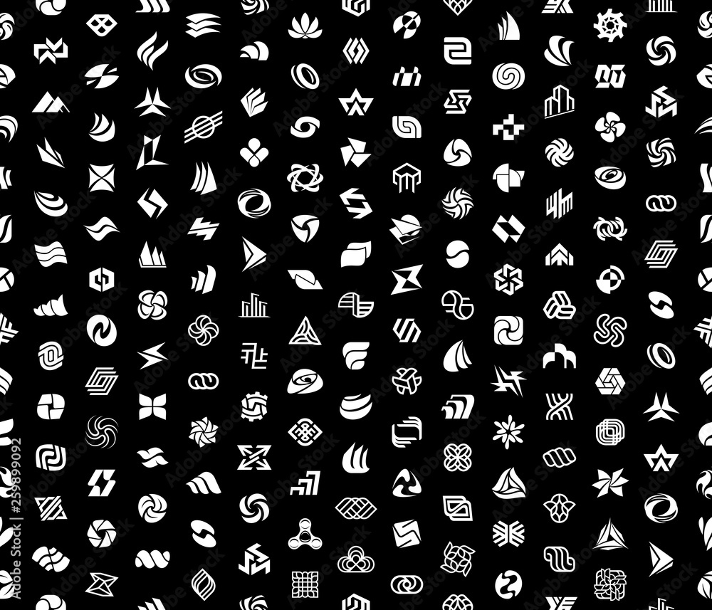 Poster seamless pattern with abstract logos. isolated on black background