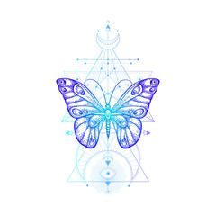 Vector illustration with hand drawn butterfly and Sacred geometric symbol on white background. Abstract mystic sign.