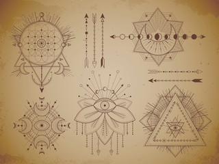 symbols and figures on old paper background. Abstract mystic signs collection.