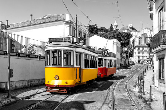 Yellow and red vintage trams on old streets of Lisbon, Alfama, Portugal, popular touristic attraction and destination. Black and white picture with a coloured tram. © hungry_herbivore