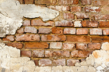 Uneven, sloppy brickwork of an old brick wall.
