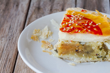 chinese Pastry or Moon cake in plate on wood table, Chinese festival dessert