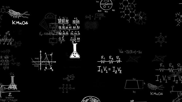 Flying science formulas on black background