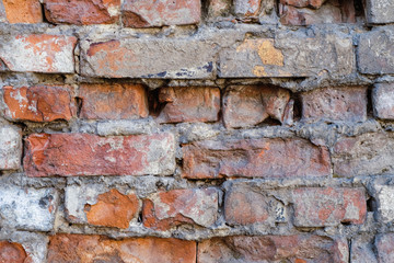 Uneven, sloppy brickwork of an old brick wall.