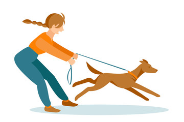 A girl in sportswear can hardly keep an active dog on a leash. Walk with a furry friend. Flat style, vector illustration