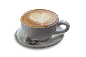 Hot coffee Espresso topped with a heart-shaped milk in white glass on a white background with clipping path.