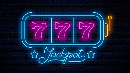 Neon gaming slot machine 777. Neon sign design. Vector game machine. Design lettering Jackpot.