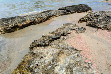 Elafonisi beach with rocks, pink sand, warm and crystal clear water. Crete Island, Greece