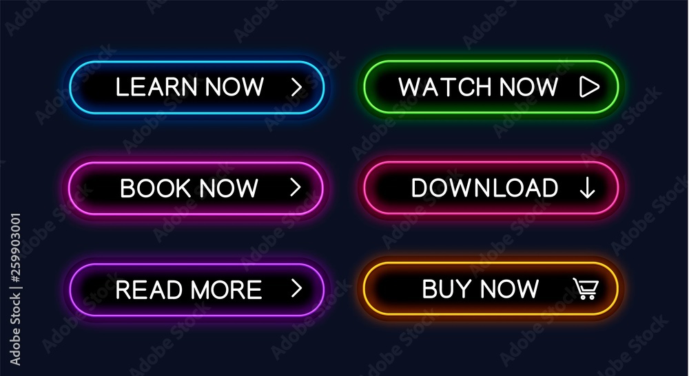 Poster Set of vector neon glowing buttons for web design