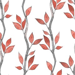 Seamless pattern with watercolor branches and red leaves