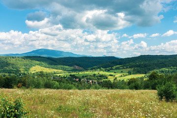 Fototapeta na wymiar beautiful countryside in summer. wonderful landscape in mountains. rural fields and grassy meadows on hills. village in the distant valley. cloudy weather, dappled light