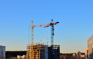 Cranes on the construction site at sunset background