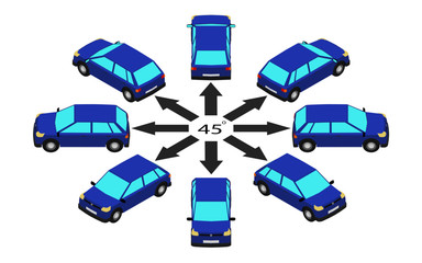 Rotation of the hatchback by 45 degrees. Blue car in different angles in isometric.