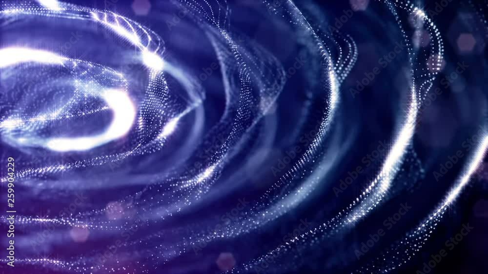 Poster looped 3d composition of sparkling particles on a dark blue background with depth of field and bokeh