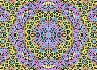 Black background with white graphics and colorful concentric pattern