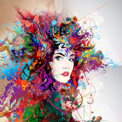 Fototapeta na wymiar futuristic colorful background with beautiful female face and butterflies 