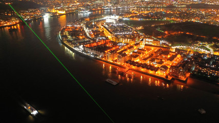 Aerial drone night shot from iconic Greenwich Peninsula in the heart of London, United Kingdom
