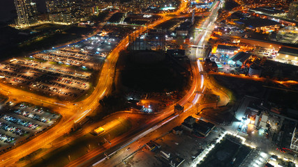 Aerial drone night shot from iconic Greenwich Peninsula in the heart of London, United Kingdom