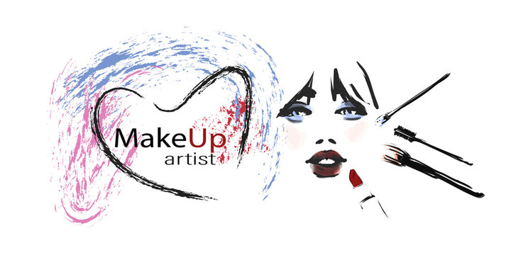 Beautiful woman's face and makeup brushes. Hand-drawn fashion illustration. Vector template. Beauty industry, make-up