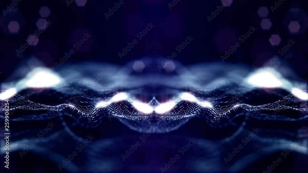 Poster looped 3d composition of sparkling particles on a dark blue background with depth of field and bokeh effects. Lighting effects shiny particles for holiday presentations. Seamless animation. 23