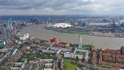 Aerial shot from iconic O2 Arena in Greenwich Peninsula, London, United Kingdom