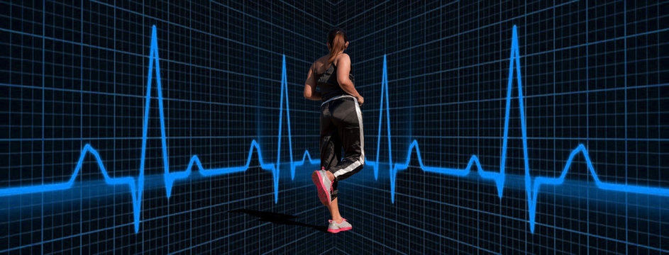 Women running, rhythmic lines, exercise technology