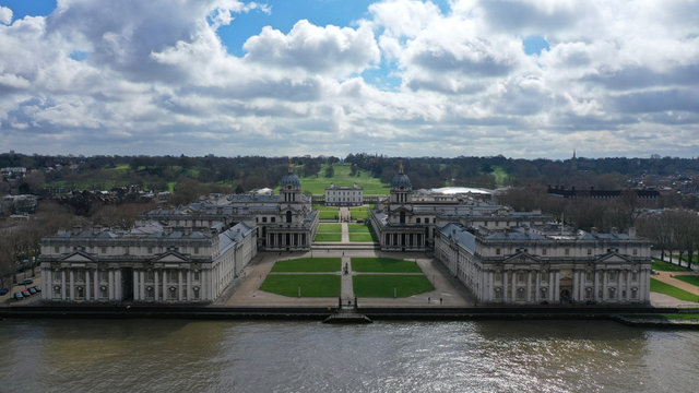 Aerial drone photo of iconic Greenwich University in Park of Greenwich, London, United Kingdom
