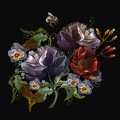 Embroidery violet flowers, red roses and bumble bee. Fashion template for clothes, textiles, t-shirt design