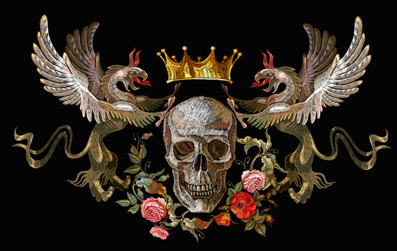 Embroidery two griffins, skull and flowers. Medieval art. Template for clothes, t-shirt design. Gothic tapestry renaissance style