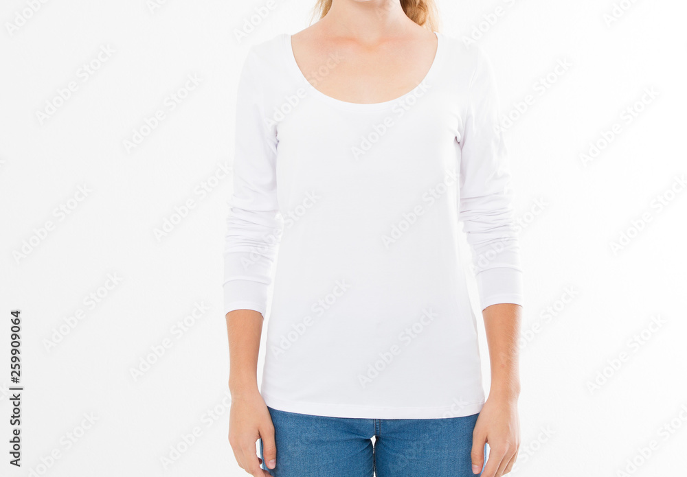 Wall mural midsection of young woman wearing blank tshirt on white background, girl in t-shirt mock up isolated