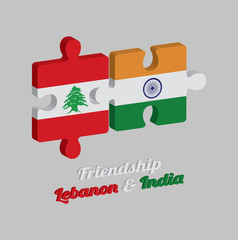 Jigsaw puzzle 3D of Lebanon flag and India flag with text: Friendship Lebanon & India. Concept of Friendly between both countries.