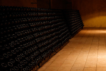 Many wine bottles in wine cellar of winery