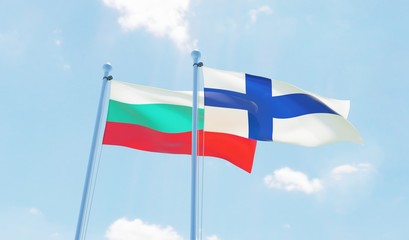 Finland and Bulgaria, two flags waving against blue sky. 3d image