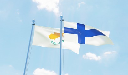 Finland and Cyprus, two flags waving against blue sky. 3d image