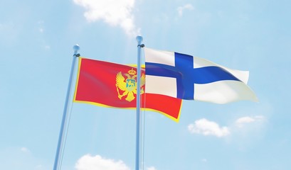 Finland and Montenegro, two flags waving against blue sky. 3d image