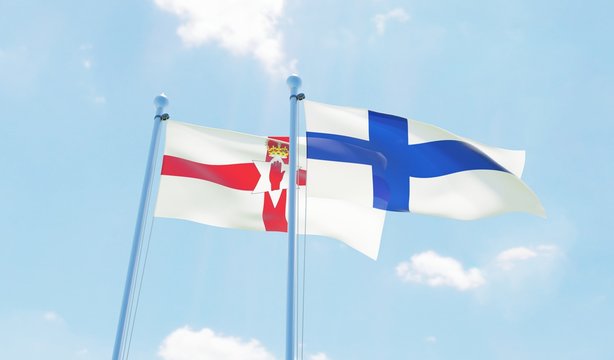 Finland and Northern Ireland, two flags waving against blue sky. 3d image