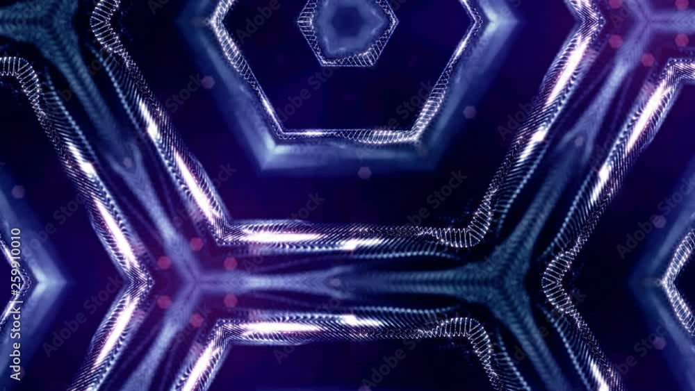 Poster looped 3d composition of sparkling particles on a dark blue background with depth of field and bokeh