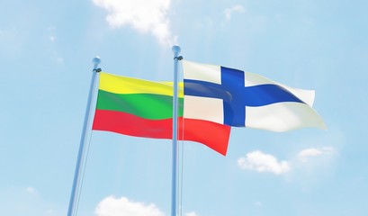 Finland and Lithuania, two flags waving against blue sky. 3d image