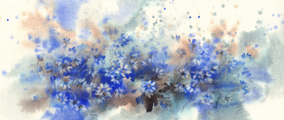 Blue hepatica flowers in the spring forest watercolor background.