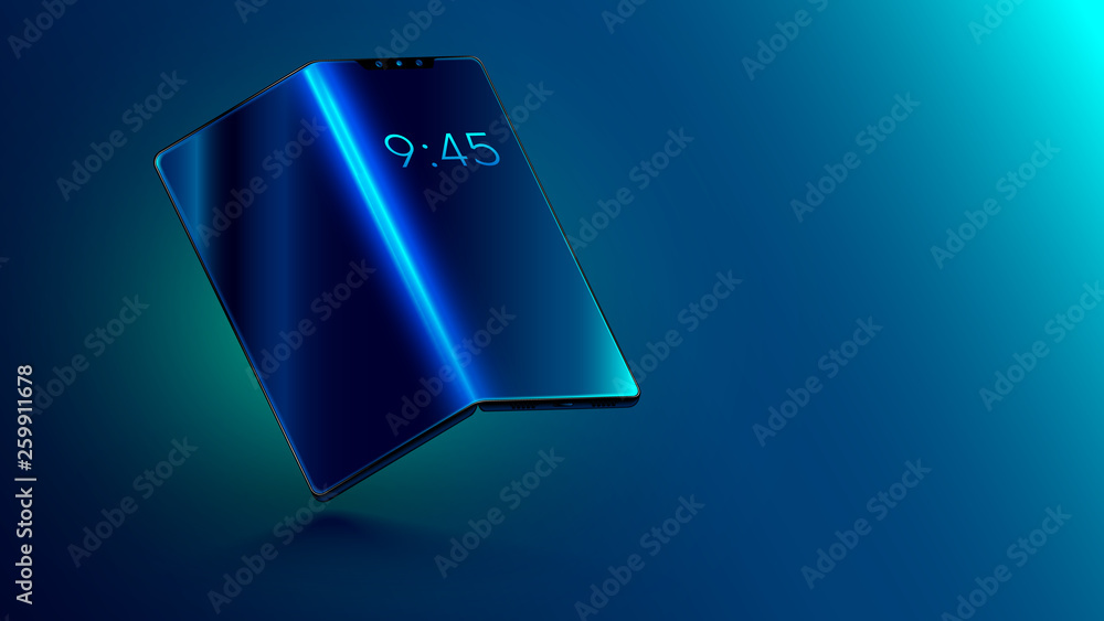 Poster Foldable smartphone with foldable screen. Flexible display of mobile phone bended hanging over table. New technology transforming phone into a tablet. Illustration electronic smart device